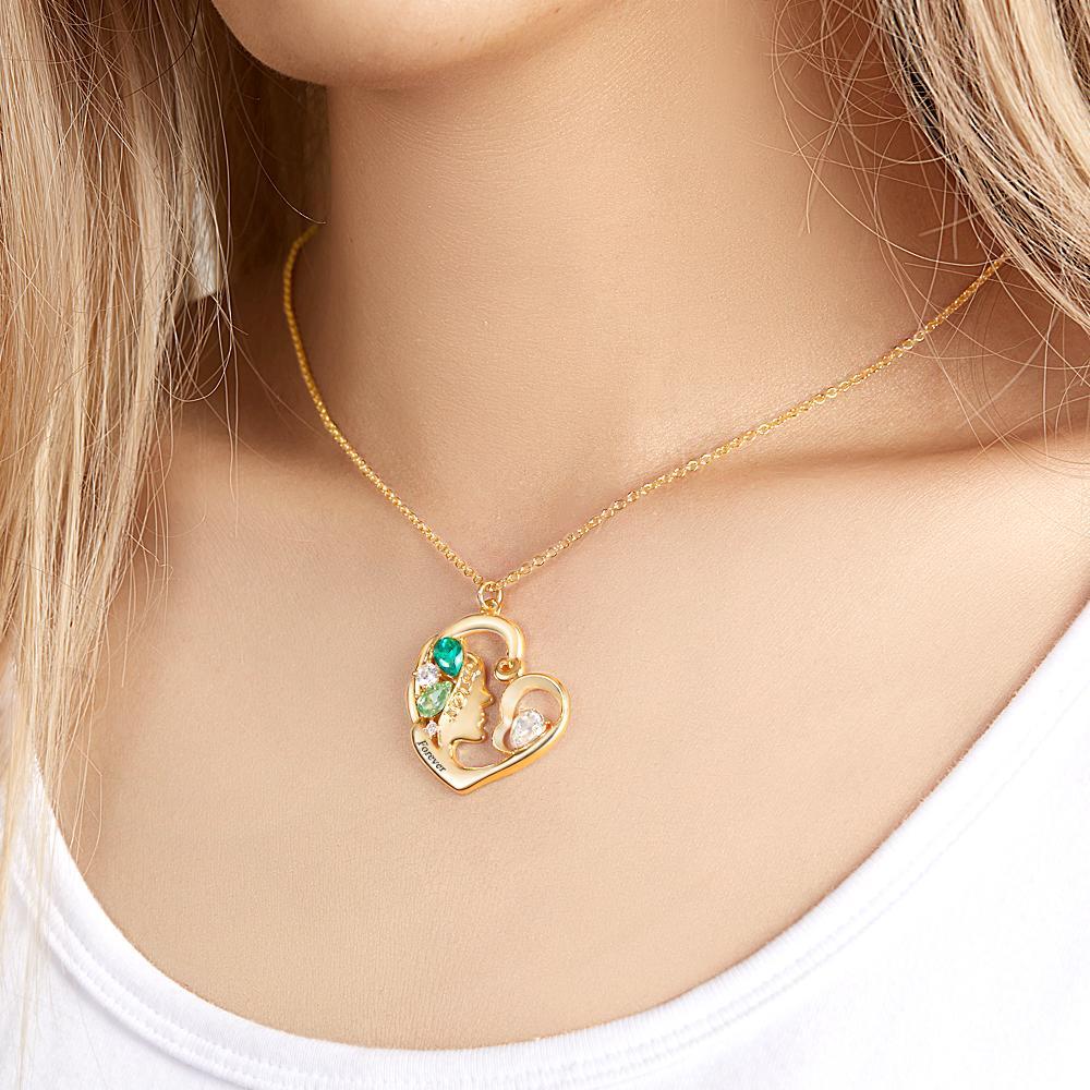 Custom Birthstone Women Necklace Personalized Engraved Heart Charm Gifts - soufeelus