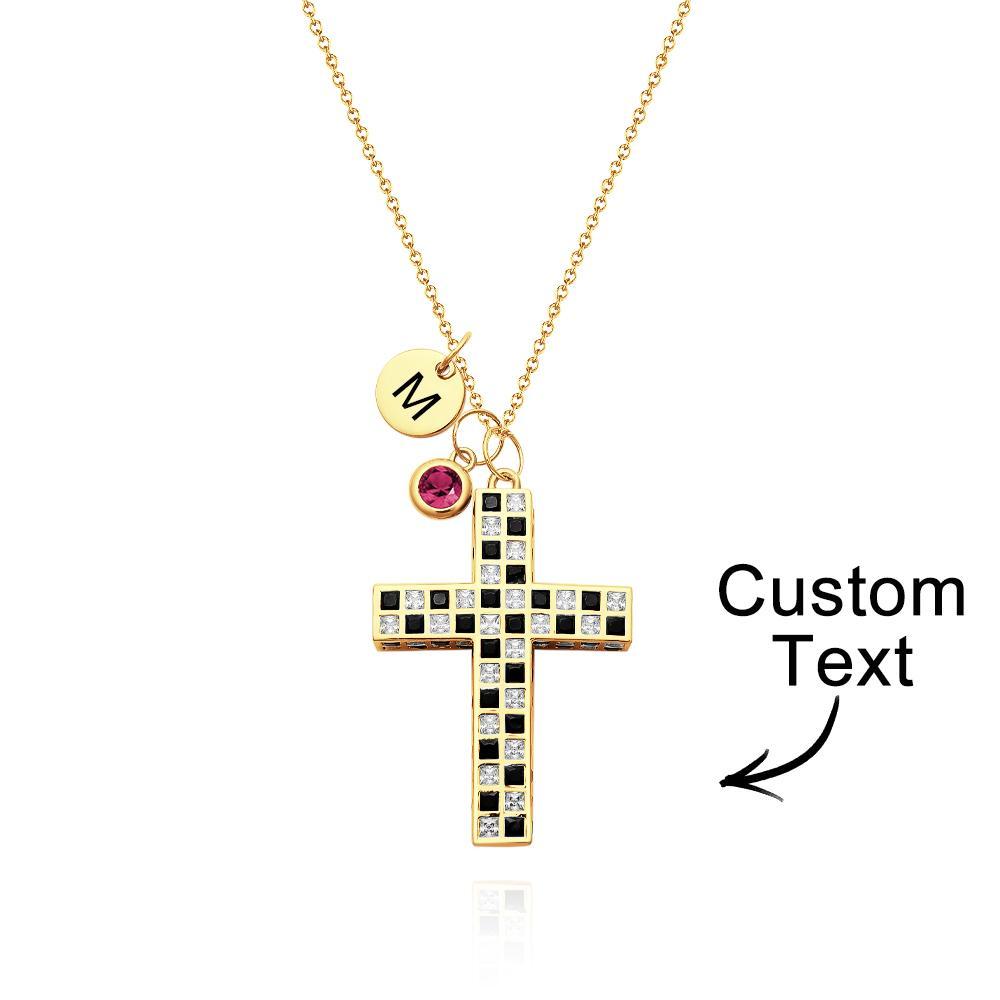 Custom Birthstone Letter Necklace Checkered Flag Cross Unique Gifts - soufeelus