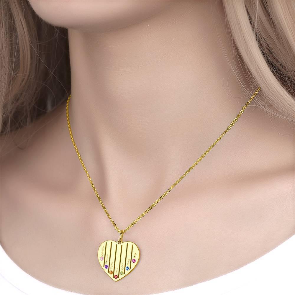 Engraved Heart Necklace Family Birthstone Necklace 14K Gold Plated - Golden - soufeelus