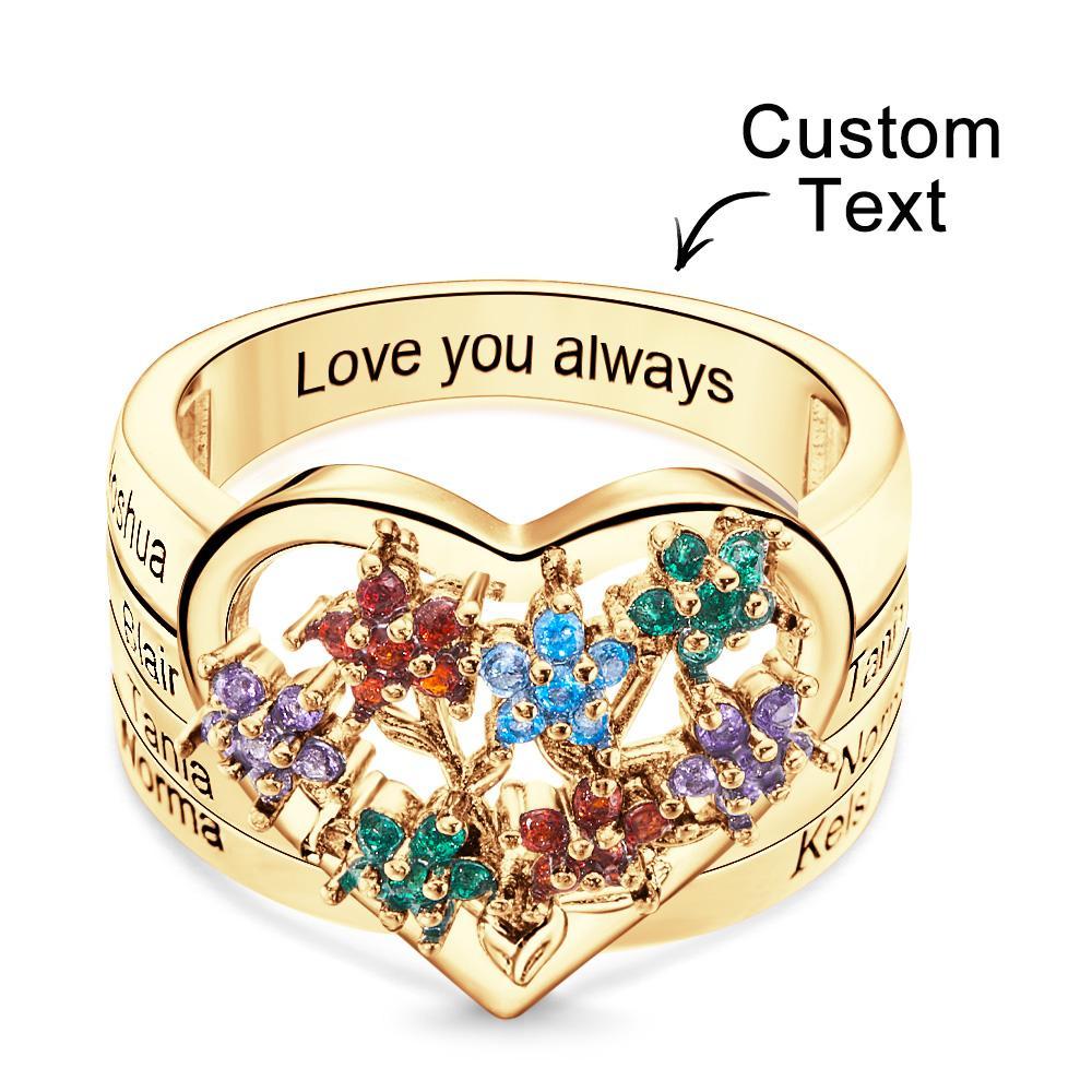 Custom Birthstone Engraved Rings Creative Flowers Gold Gifts - soufeelus