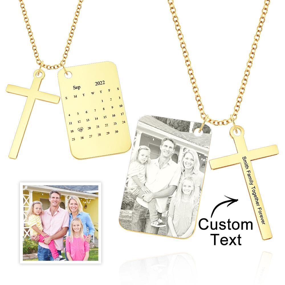 Personalized Photo Calendar Engraved Stainless Steel Cross Necklace Custom Message Pendant Father's Day Gift - soufeelus