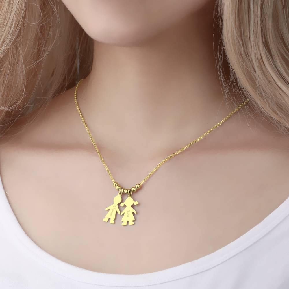 Engraved Necklace, Children Charms Necklace Mom Jewelry 14K Gold Plated - Golden - soufeelus