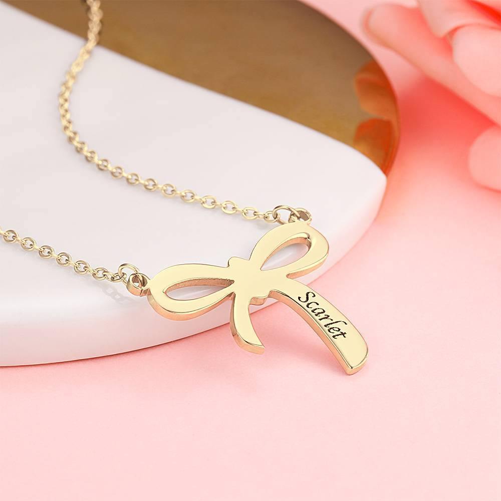 Engraved Necklace with Bow Design 14K Gold Plated - soufeelus