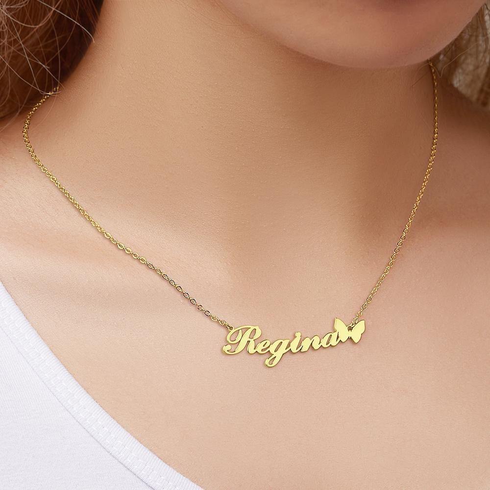 Custom Name Necklace with Butterfly Pendant for Girlfriend 14k Gold Plated - soufeelus