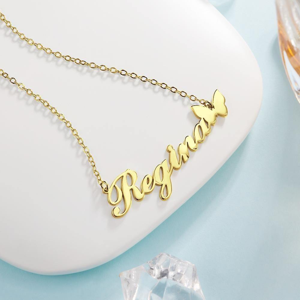 Name Necklace with Butterfly Pendant for Girlfriend 14k Gold Plated Silver - soufeelus