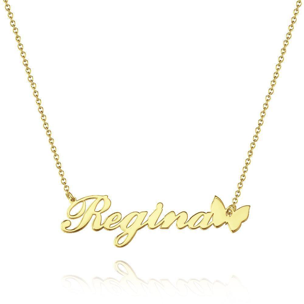 Name Necklace with Butterfly Pendant for Girlfriend 14k Gold Plated Silver - soufeelus