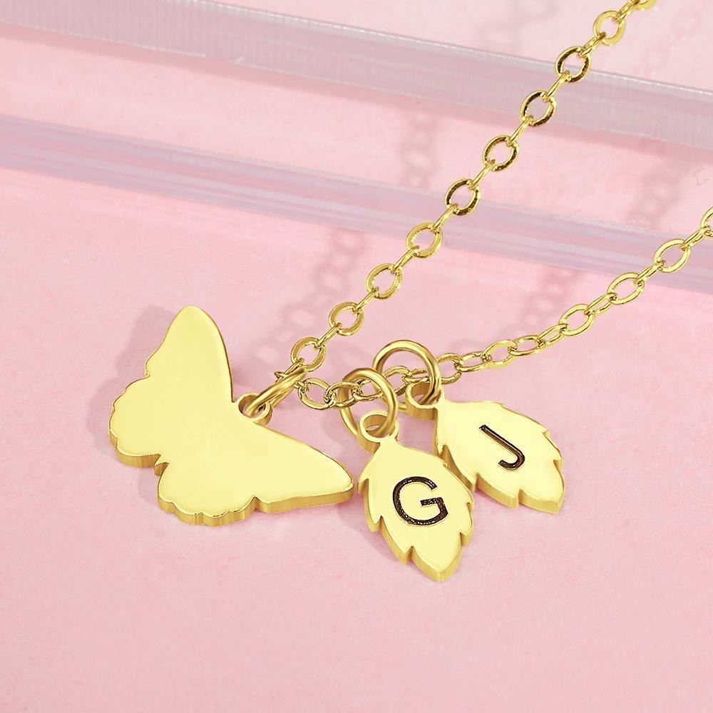 Name Necklace with Butterfly and Leaves Necklace 14k Gold Plated Silver - soufeelus