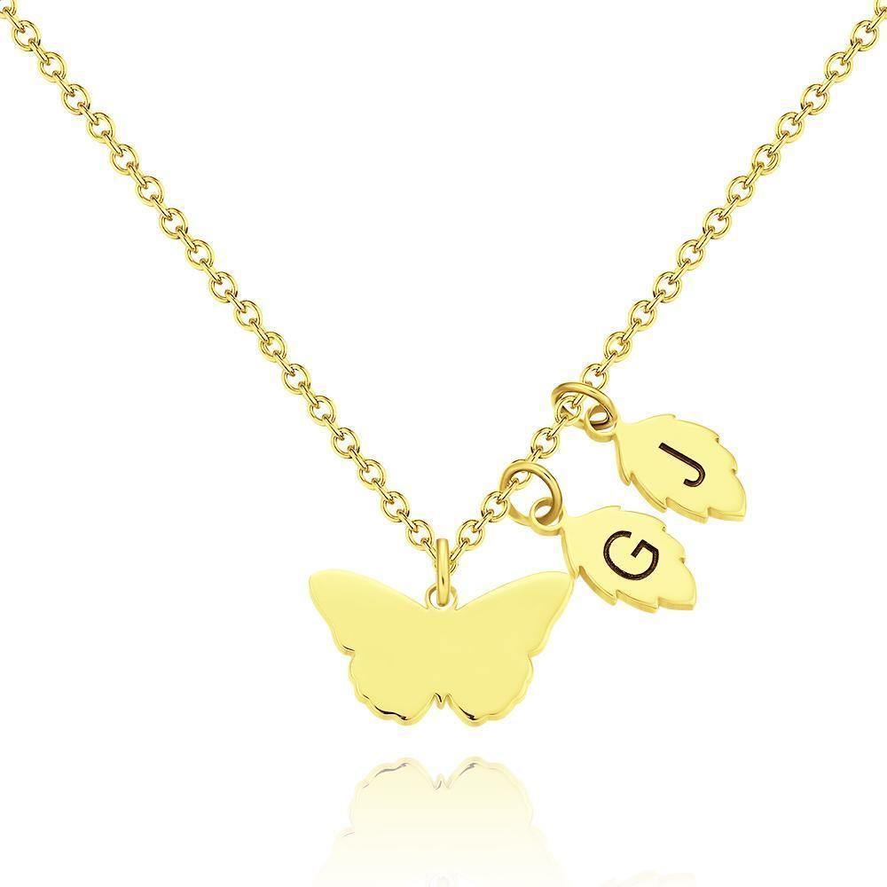 Name Necklace with Butterfly and Leaves Necklace 14k Gold Plated Silver - soufeelus