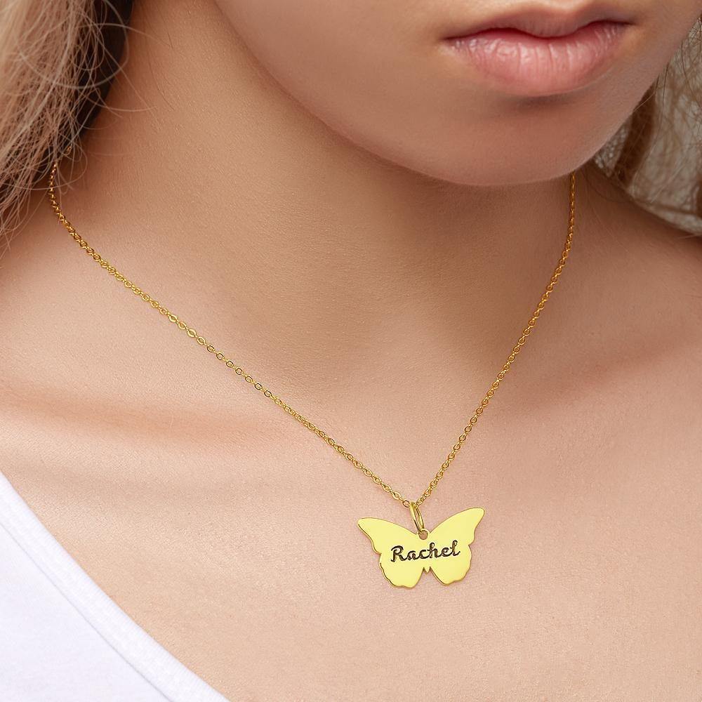 Name Necklace Butterfly Engraved Necklace Memorial Gift for Her 14k Gold Plated - soufeelus