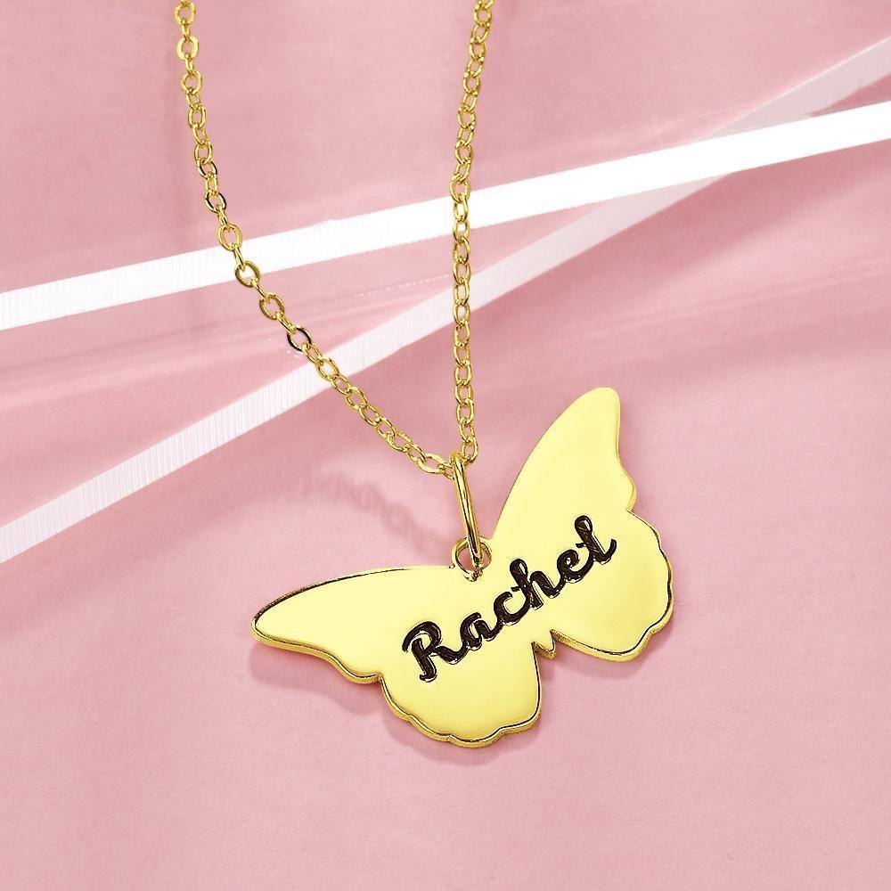 Name Necklace Butterfly Engraved Necklace Memorial Gift for Her 14k Gold Plated - soufeelus