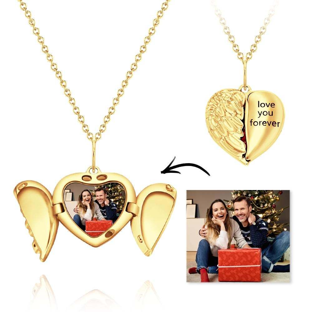 Custom Engraved Photo Necklace Heart-shaped Flip Angel Wings Gifts for Couples - 