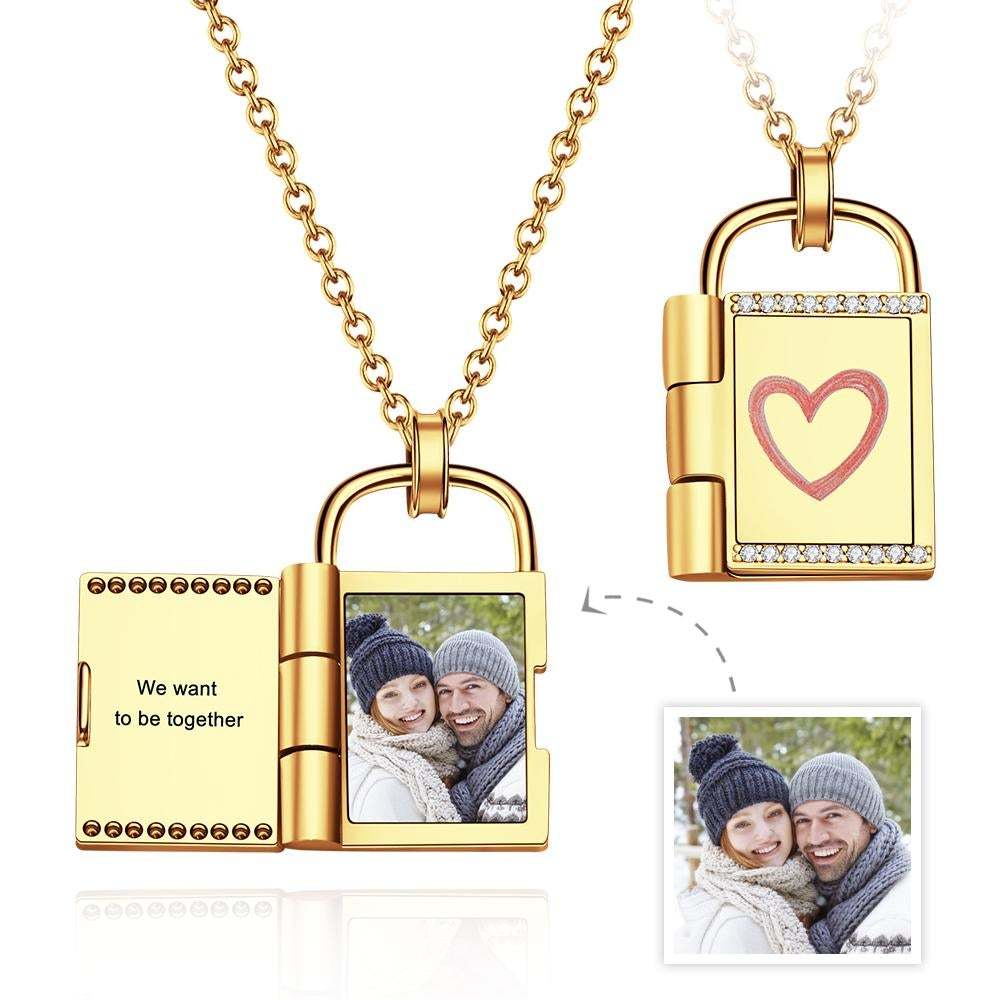 Custom Photo Engraved Print Frame Padlock Necklace Gift to Her - 