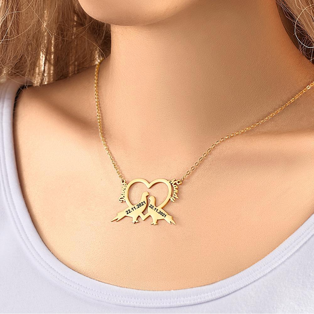 Custom Engraved Necklace Love Bird Heart Name Necklace Gift to Her - 