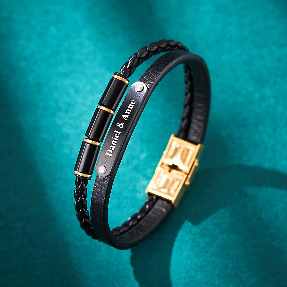 Custom Engraved Multy Layer Retro Style Men's Leather Bracelet detail