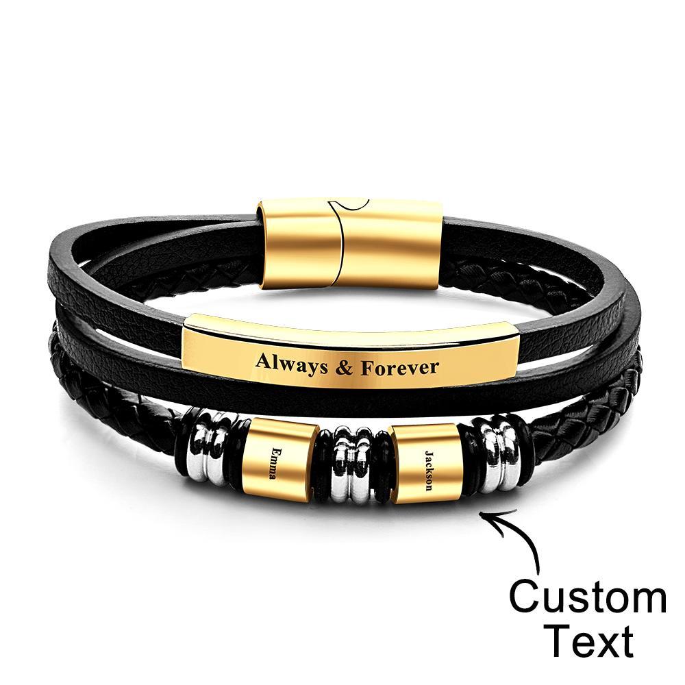 Personalized Mens Braid Leather Bracelets with 2 Engraved Names Beads Custom Mens Name Bracelet - soufeelus