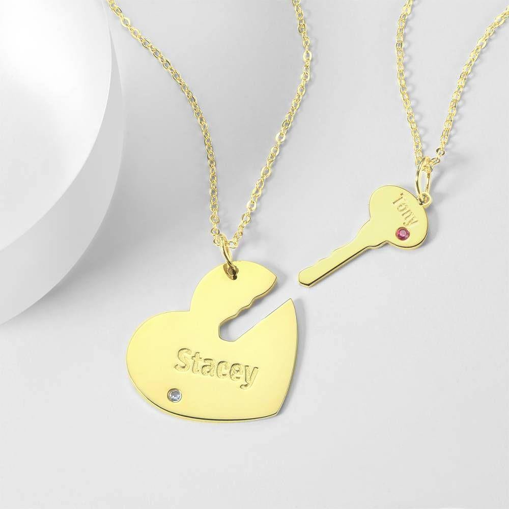 Custom Birthstone Engraved Couple Necklace with Heart and Key, Name Necklace 14K Gold Plated - Golden - soufeelus