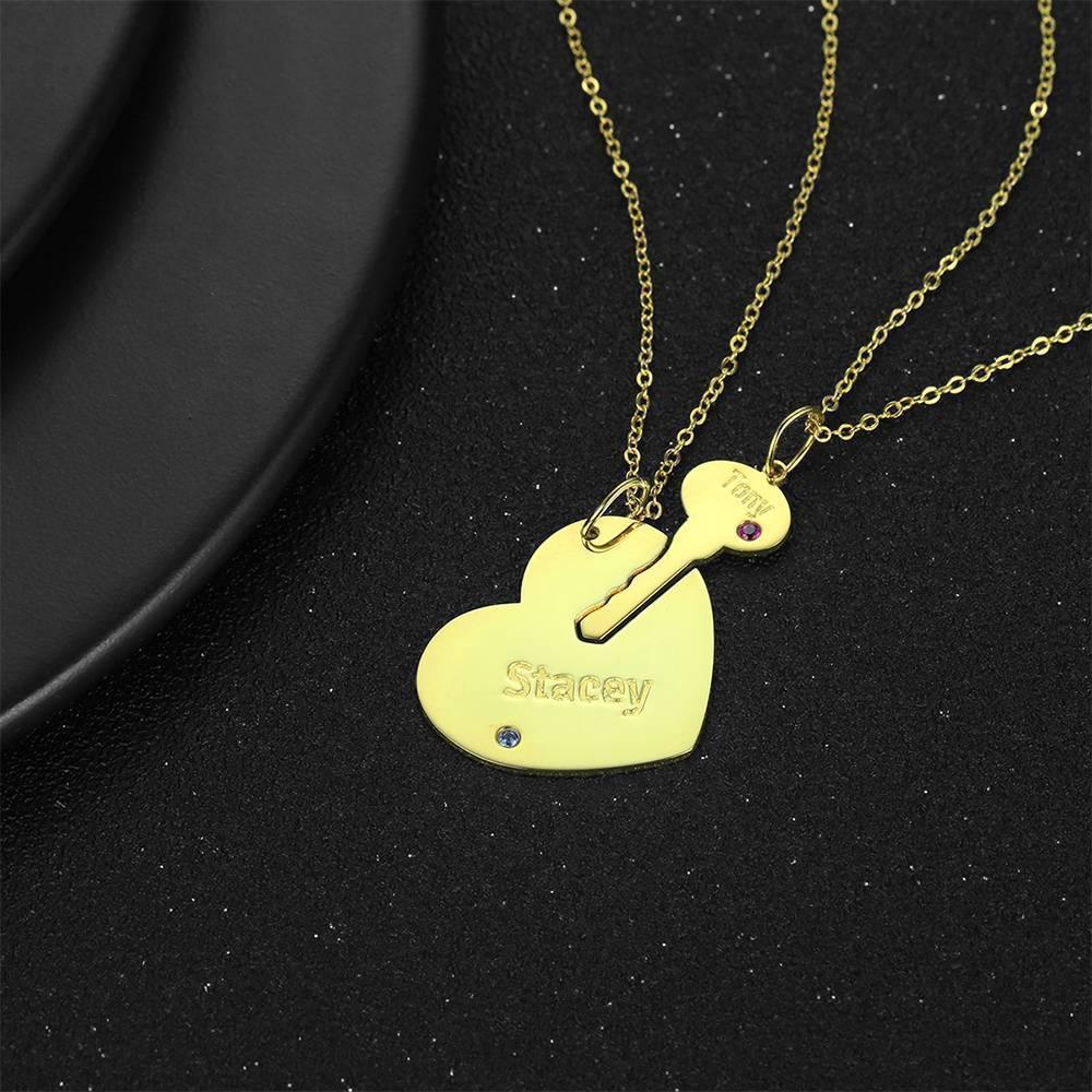 Custom Birthstone Engraved Couple Necklace with Heart and Key, Name Necklace 14K Gold Plated - Golden - soufeelus