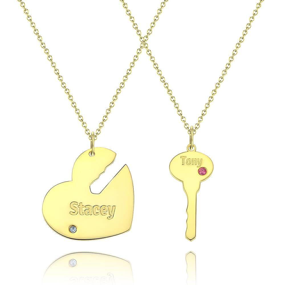 Custom Birthstone Engraved Couple Necklace with Heart and Key, Name Necklace 14K Gold Plated - Golden - soufeelus