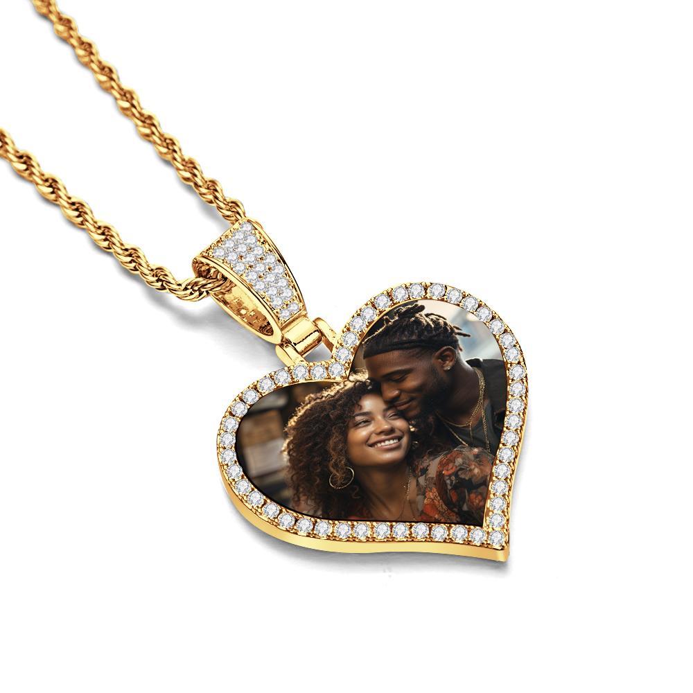 Custom Made Photo Heart Necklace with Hip Hop Pendant Round Necklace Iced out Cubic Zirconia Jewelry Gift for Him or Her - soufeelus