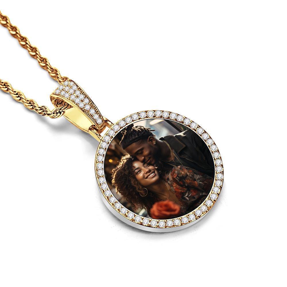 Custom Made Photo Circle Necklace and Pendant Large Hip Hop Round Pendant Iced out Cubic Zirconia Jewelry Gift for Him - soufeelus