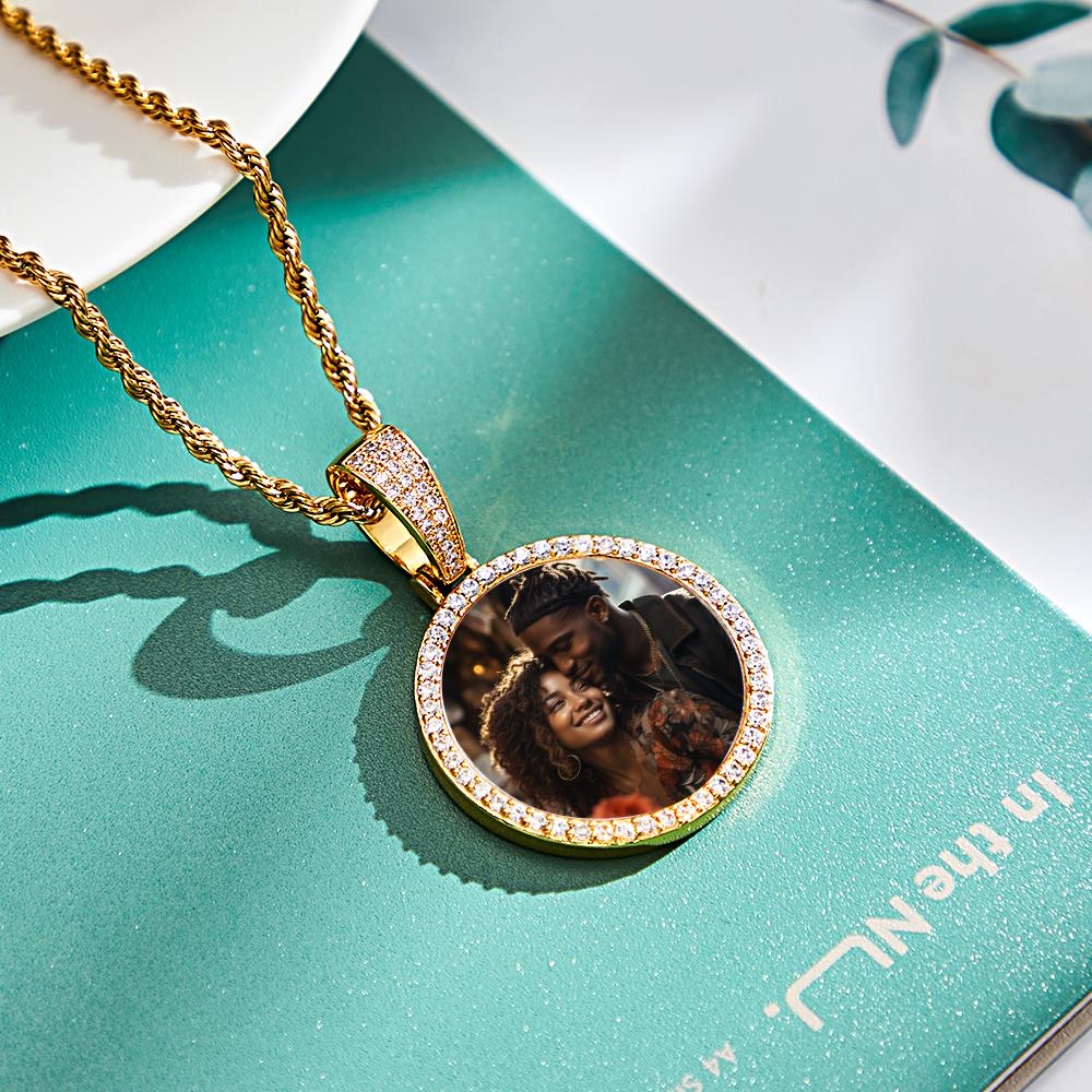 Custom Made Photo Circle Necklace and Pendant Large Hip Hop Round Pendant Iced out Cubic Zirconia Jewelry Gift for Him - soufeelus