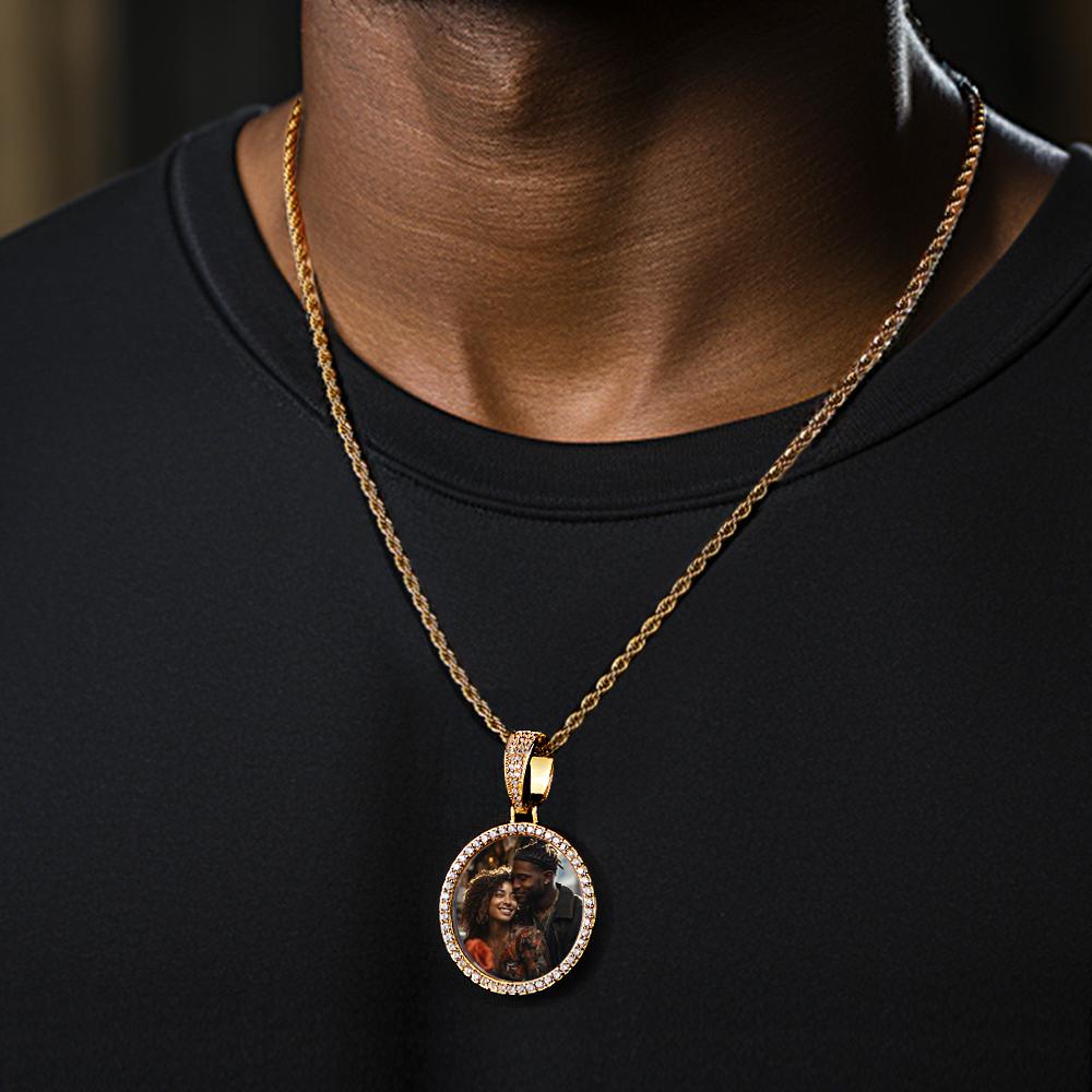 Custom Made Photo Circle Necklace and Pendant Large Hip Hop Round Pendant Iced out Cubic Zirconia Jewelry Gift for Him - soufeelus