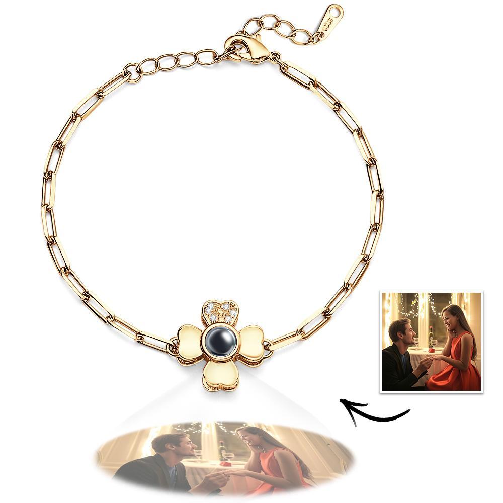 Custom Photo Projection Clover Rhinestone Bracelet Personalized Polished Adjustable Bracelet Gifts For Her - soufeelus