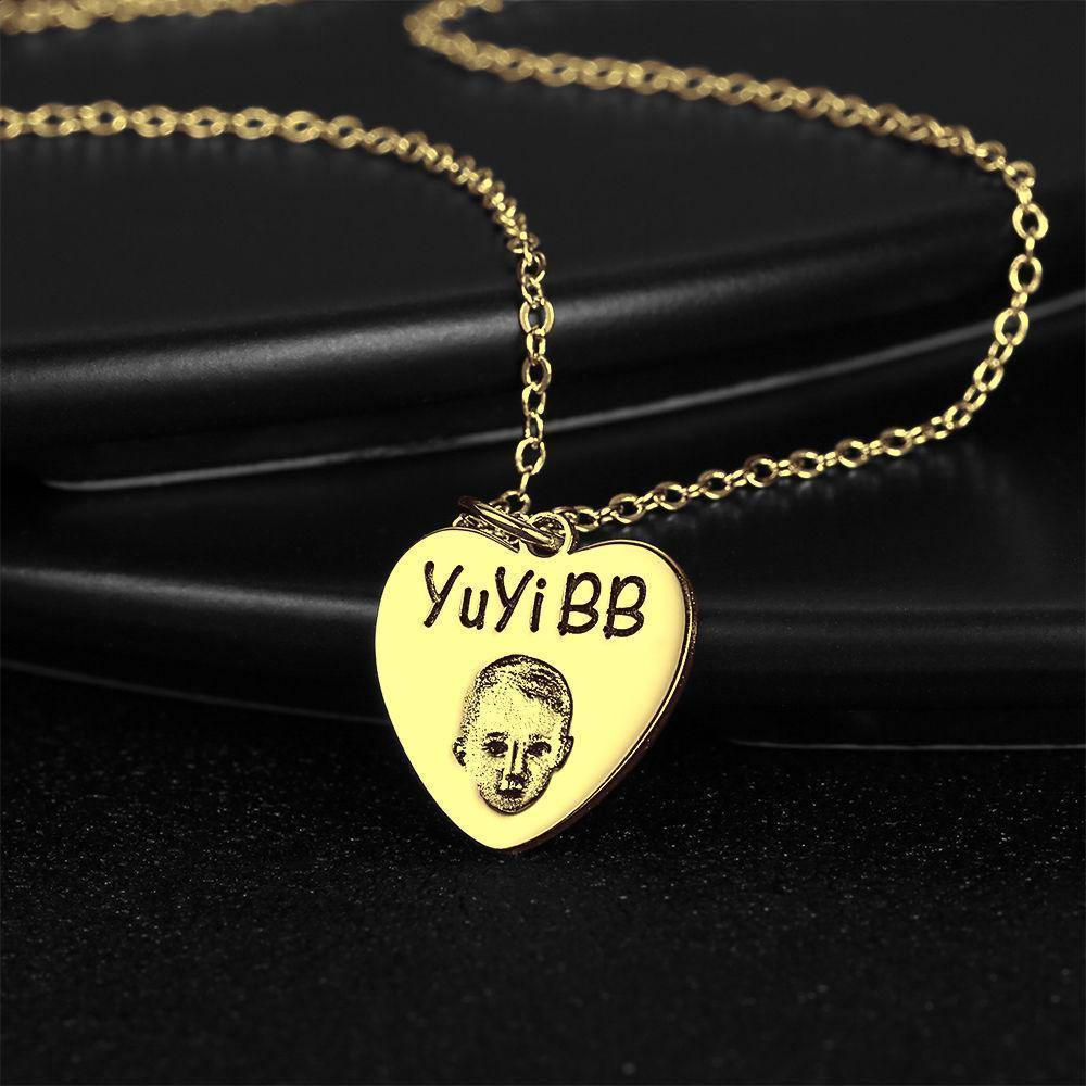 Photo Portrait Necklace with Engraving Heart-shaped, Custom Portrait Jewelry 14K Gold Plated - soufeelus