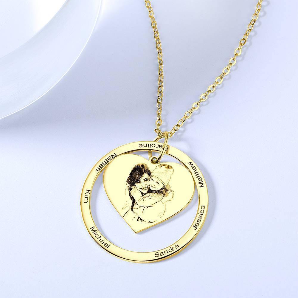 Photo Engraved Necklace Heart In Round Pendant, Family Necklace 14K Gold Plated - Golden - soufeelus