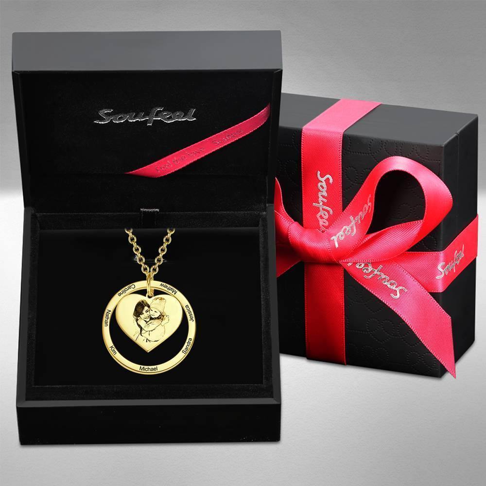 Photo Engraved Necklace Heart In Round Pendant, Family Necklace 14K Gold Plated - Golden - soufeelus