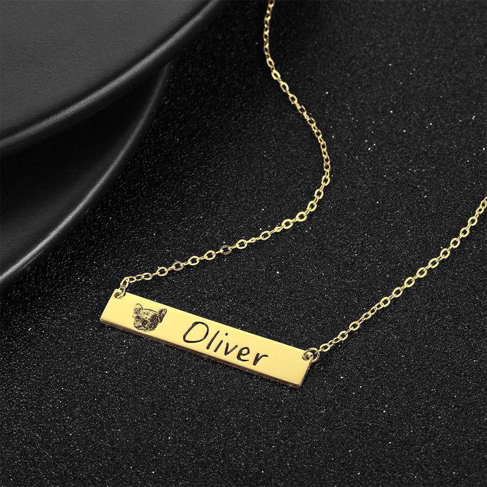 Photo Engraved Necklace, Portrait Bar Necklace 14K Gold Plated - Golden - soufeelus