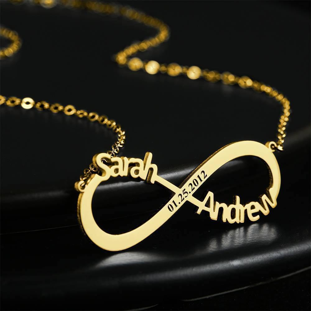 Engraved Infinity Name Necklace, Personalized Infinity Two Name Necklace 14k Gold Plated - Golden - soufeelus