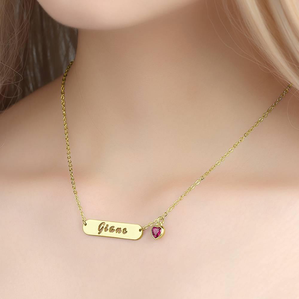 Hollow Carved Bar Name Necklace with Custom Birthstone, Unique Gift 14K Gold Plated - Golden - soufeelus