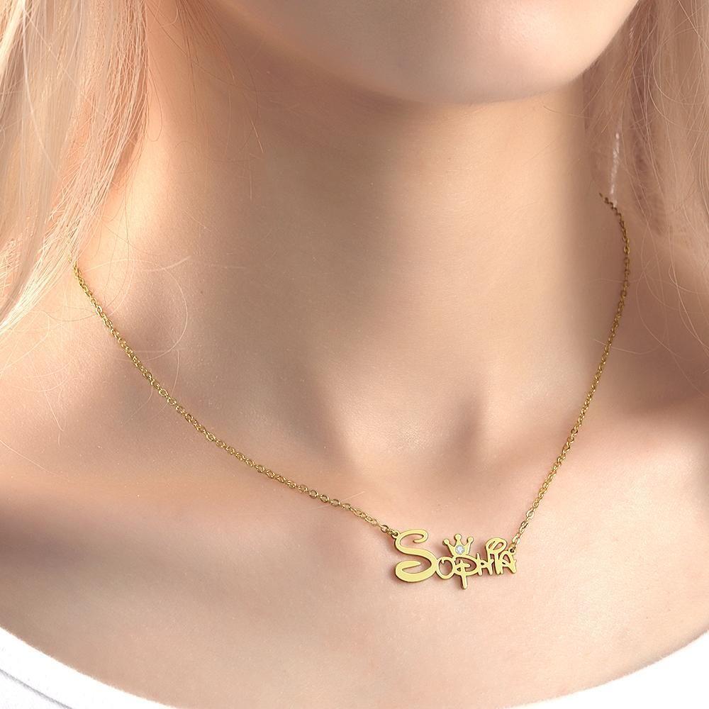 Name Necklace Princess Necklace with Crown Memorial Gifts 14k Gold Plated