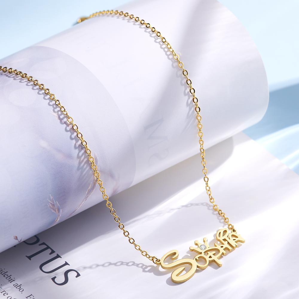 Name Necklace Princess Necklace with Crown Memorial Gifts 14k Gold Plated