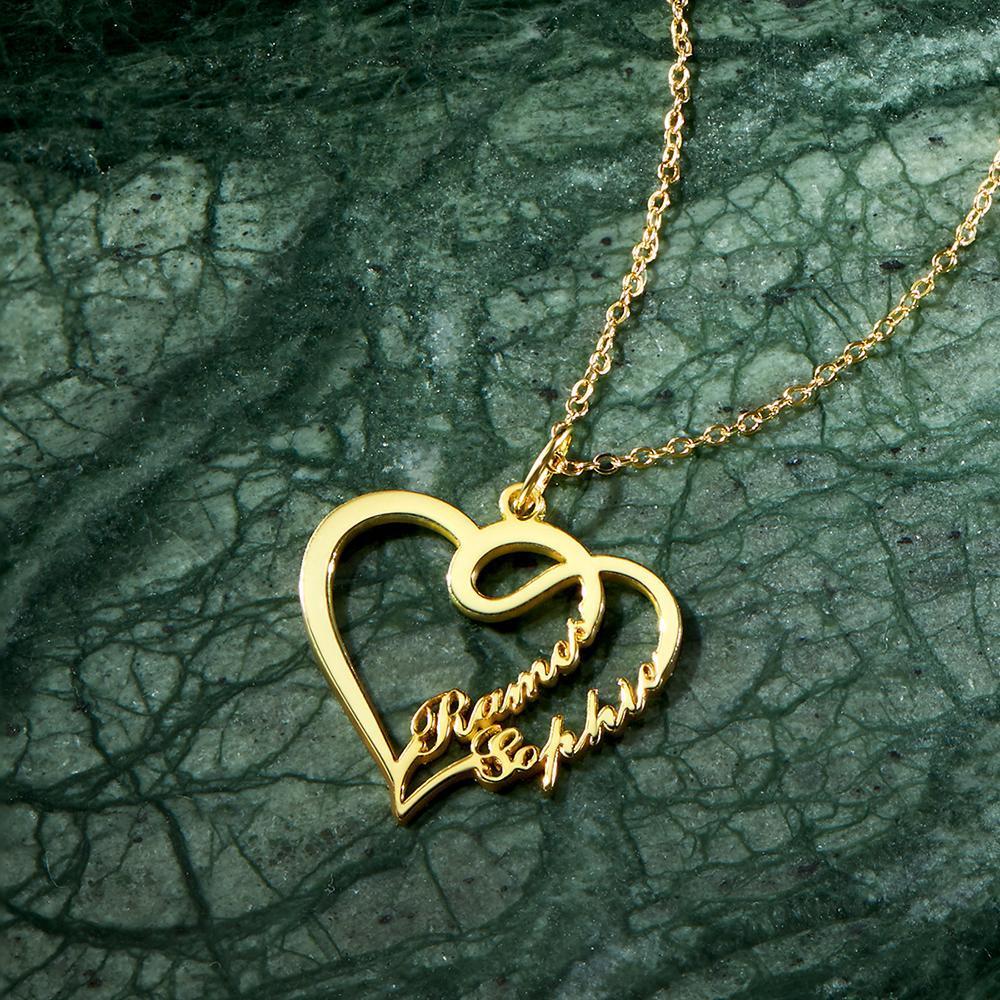 قلادة اسم - قلادة اسم ذهبية - قلادة اسمين على شكل قلب متداخل مطلية بال