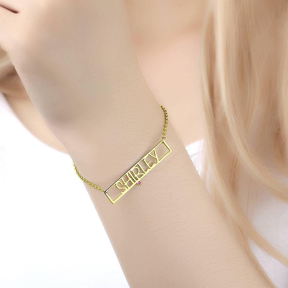 Hollow Carved Bar Name Bracelet with Custom Birthstone 14K Gold Plated - Golden - soufeelus