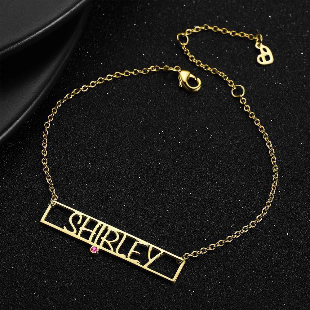 Hollow Carved Bar Name Bracelet with Custom Birthstone 14K Gold Plated - Golden - soufeelus