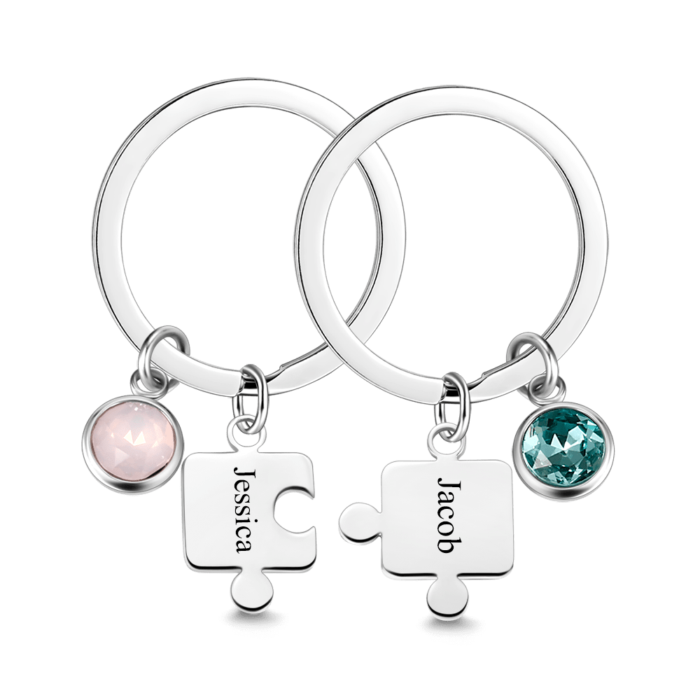 Engraved Birthstone Couple's Puzzle Key Chain Set - soufeelus