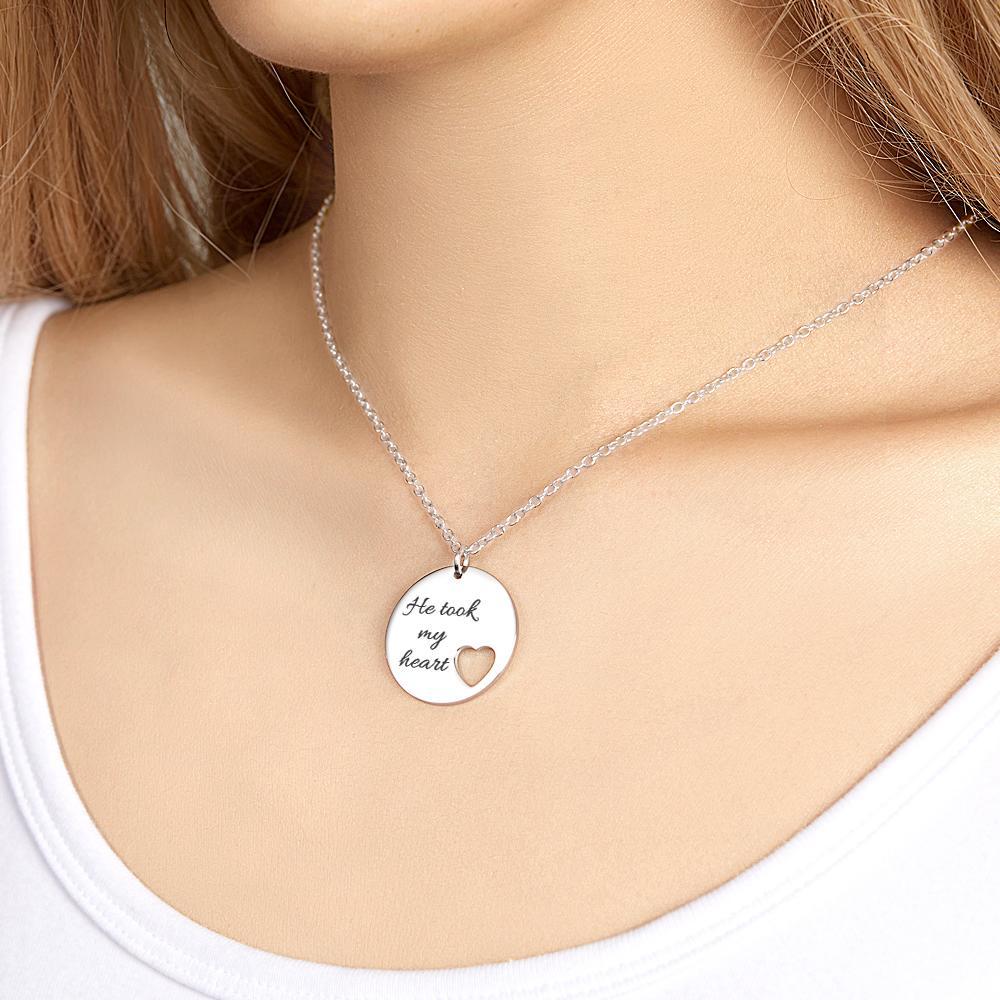 Personalized Heart Cut Necklace Custom Engraved Heart Hollow Circle Pendant - soufeelus