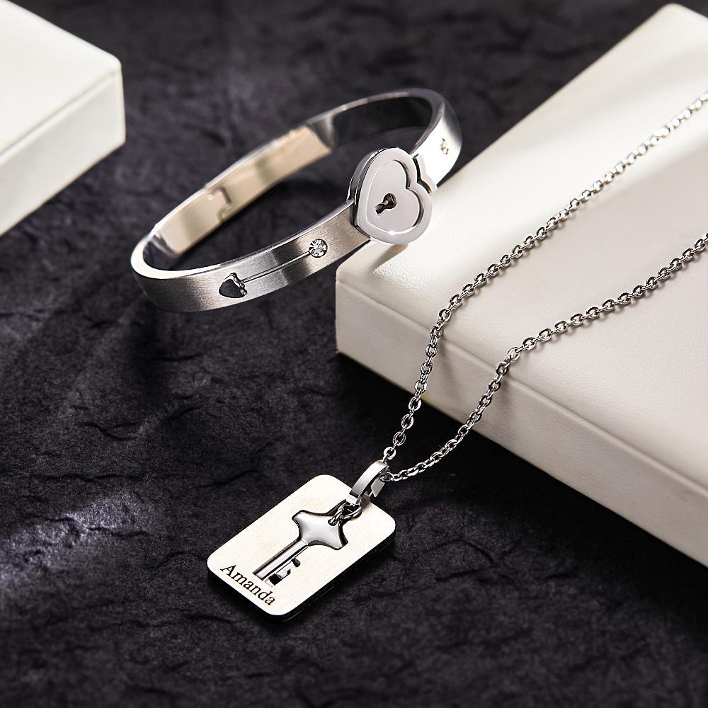 Custom Engraved Concentric Lock Bracelet Key Necklace Couple Gifts - soufeelus