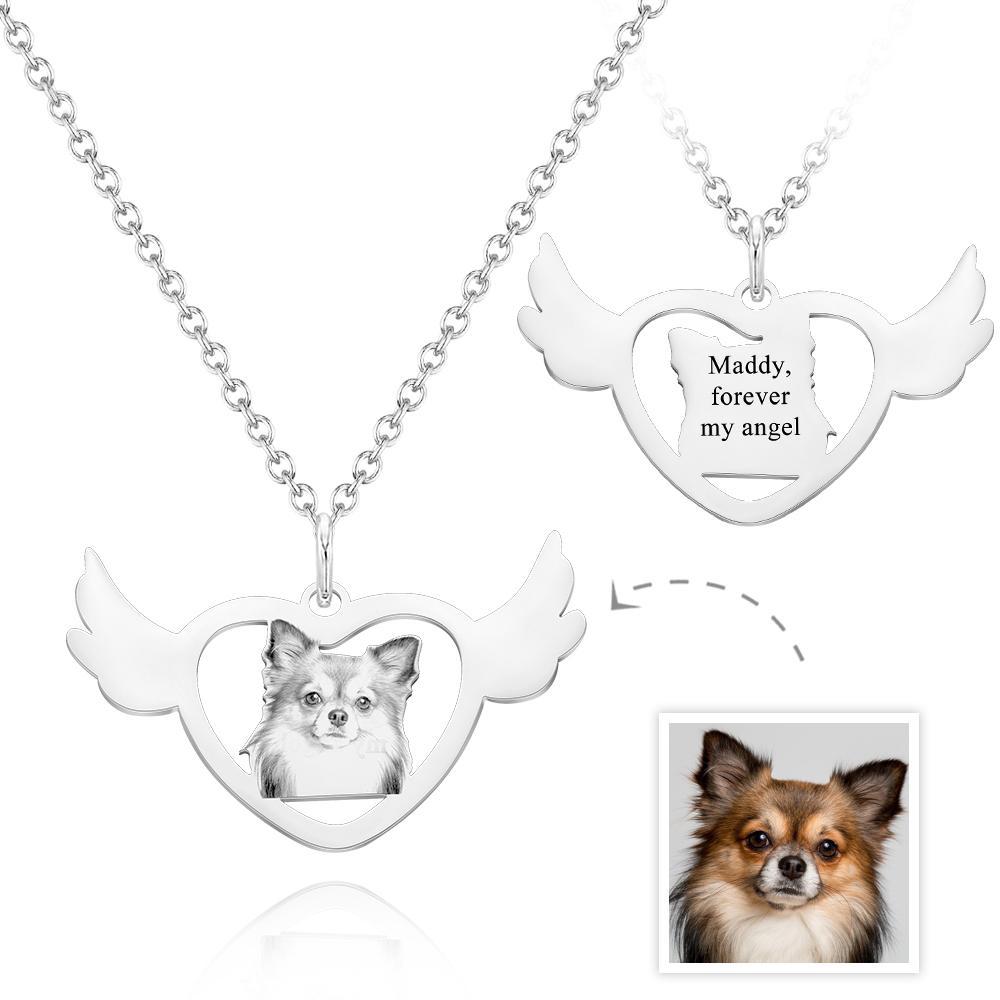 Custom Photo Engraved Necklace Angel Heart Shaped Wings Necklace Gift for Pet Lovers - soufeelus
