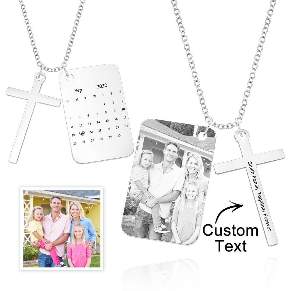 Personalized Photo Calendar Engraved Stainless Steel Cross Necklace Custom Message Pendant Father's Day Gift - soufeelus