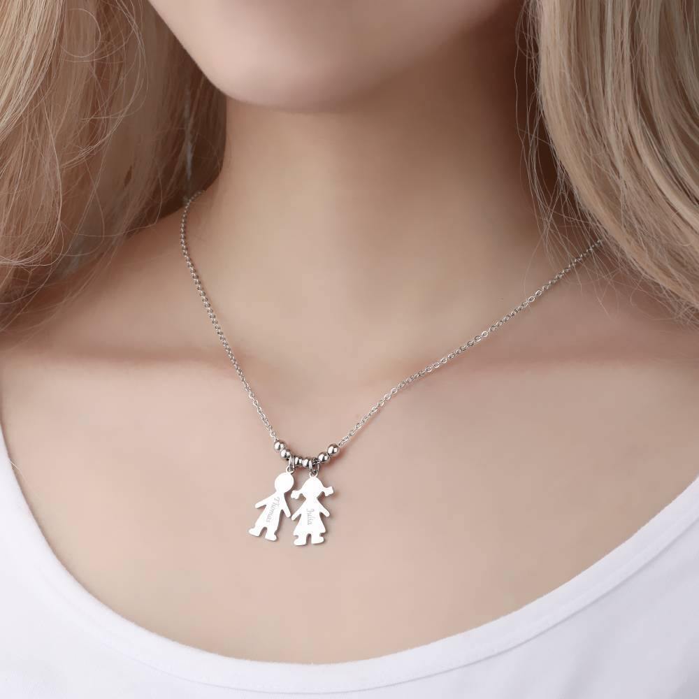 Engraved Necklace, Children Charms Necklace Mom Jewelry Platinum Plated - Silver - soufeelus