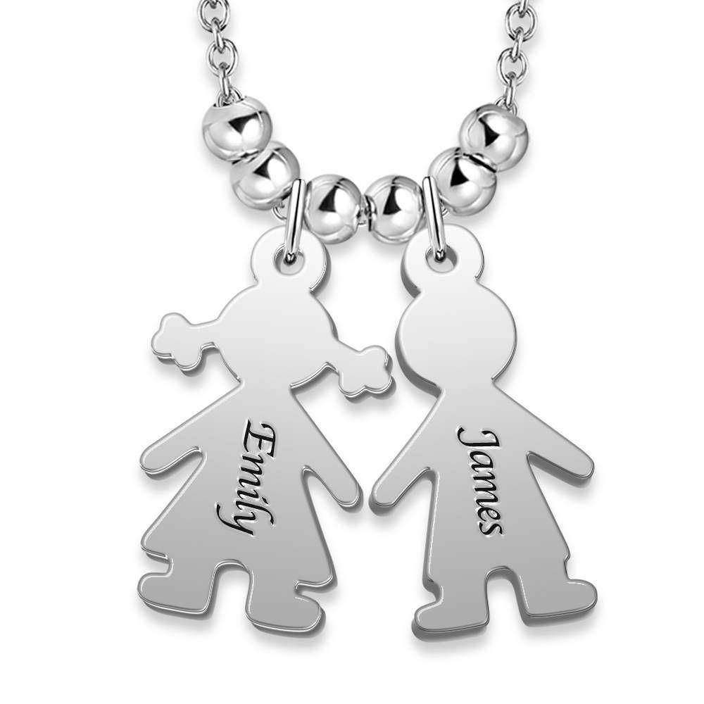 Engraved Necklace, Children Charms Necklace Mom Jewelry Platinum Plated - Silver - soufeelus