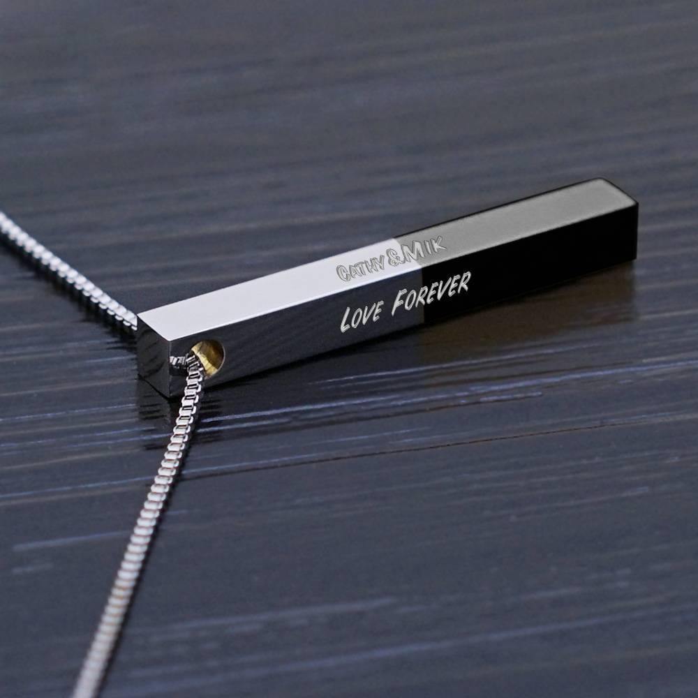 Engraved 3D Bar Necklace Steel and Black Stitched - soufeelus