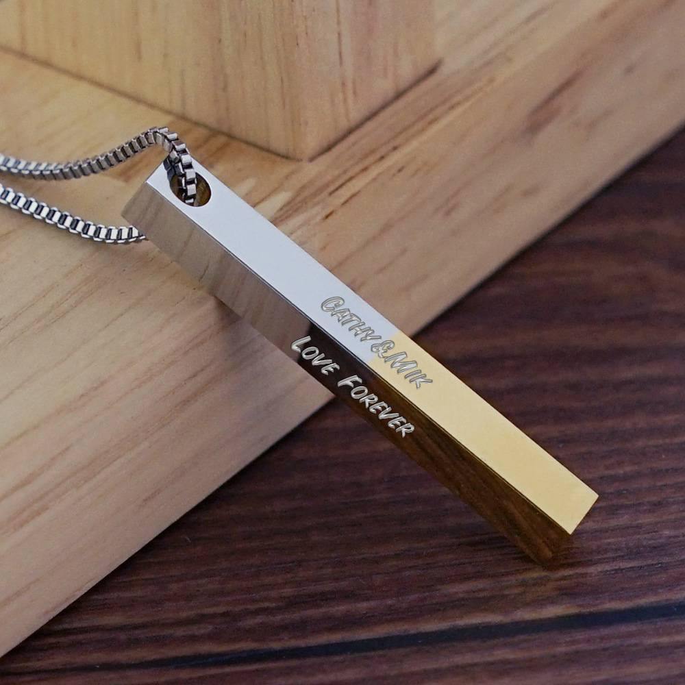 Engraved 3D Bar Necklace Steel and Golden Stitched - soufeelus