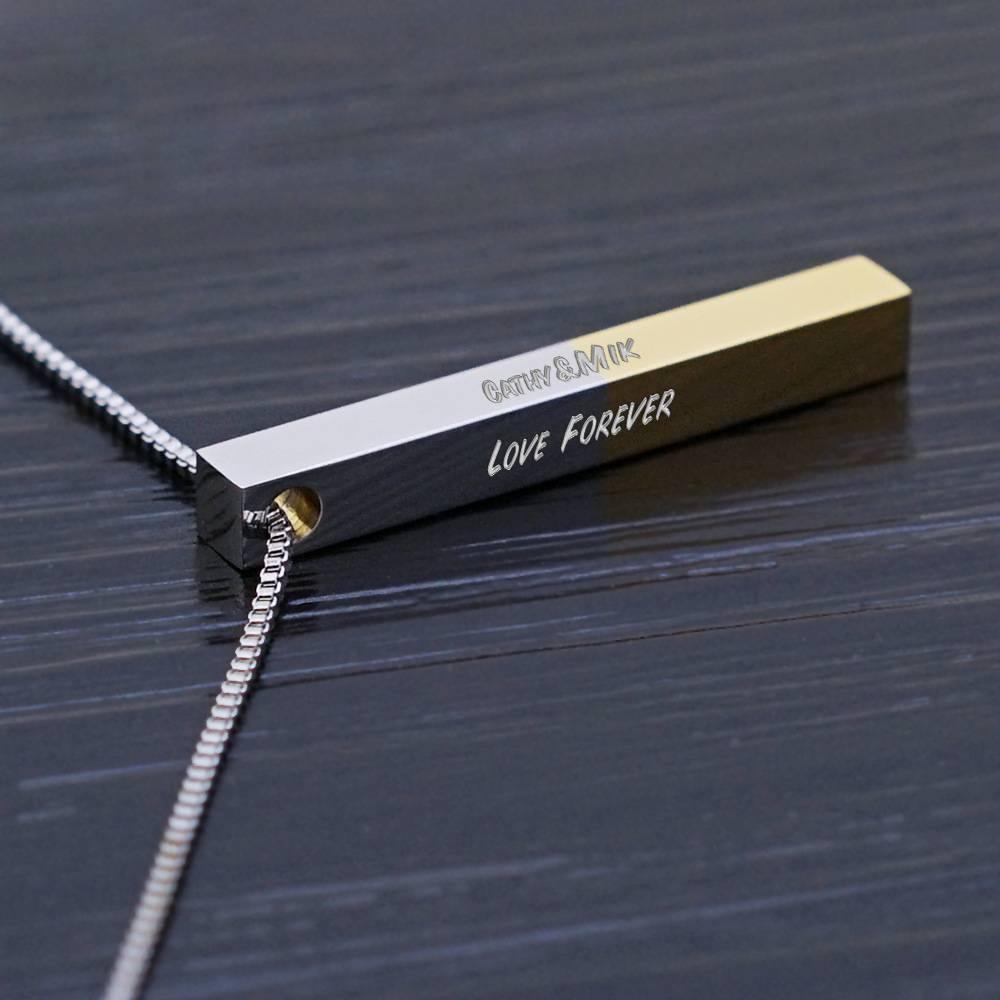 Engraved 3D Bar Necklace Steel and Golden Stitched - soufeelus