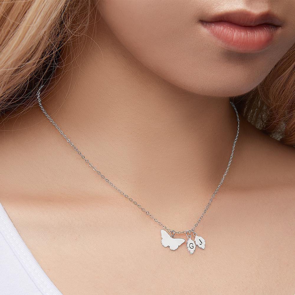 Engraved Necklace with Butterfly and Leaves Memorial Gifts for Her Silver - soufeelus