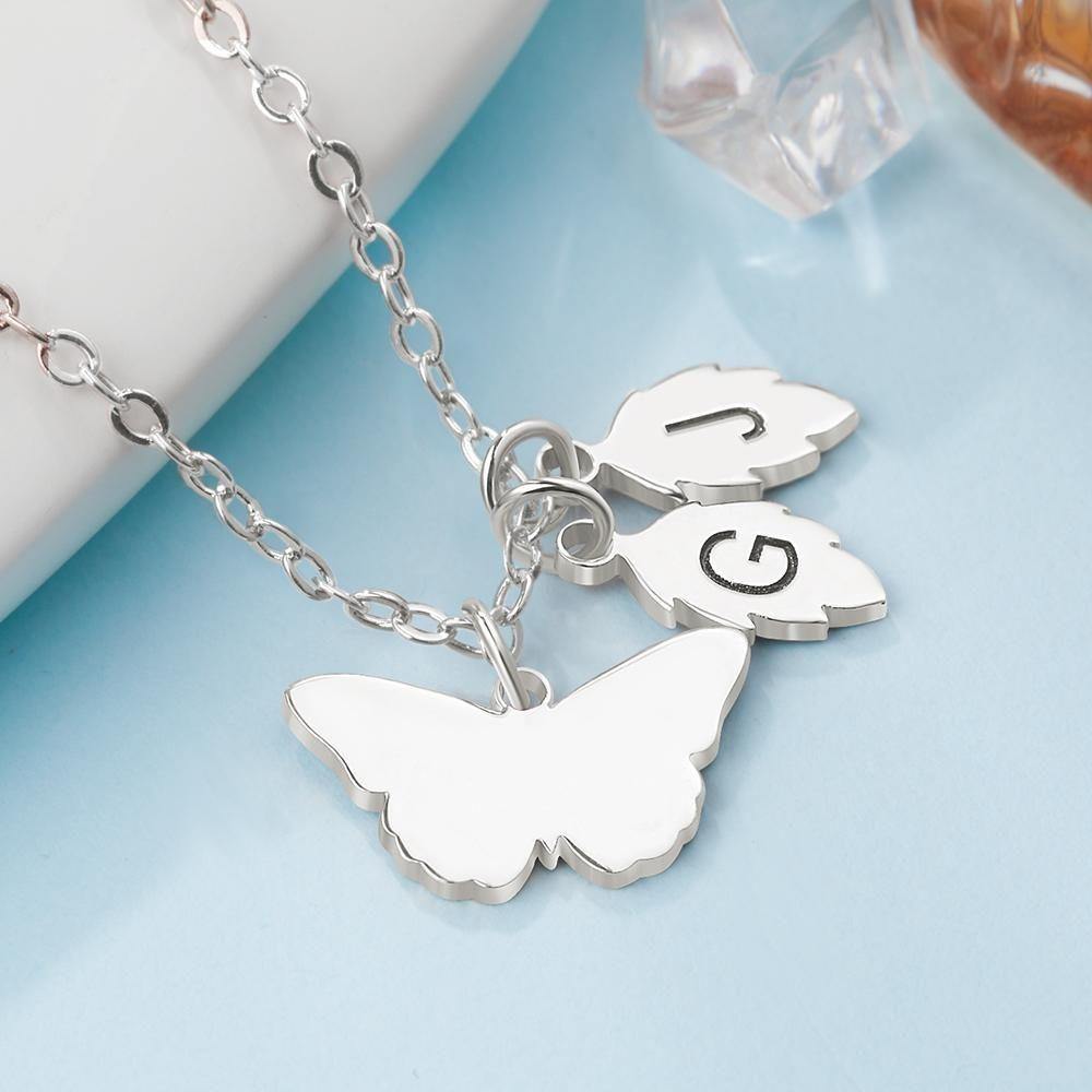 Engraved Necklace with Butterfly and Leaves Necklace Gift for Her Rose Gold Plated - soufeelus